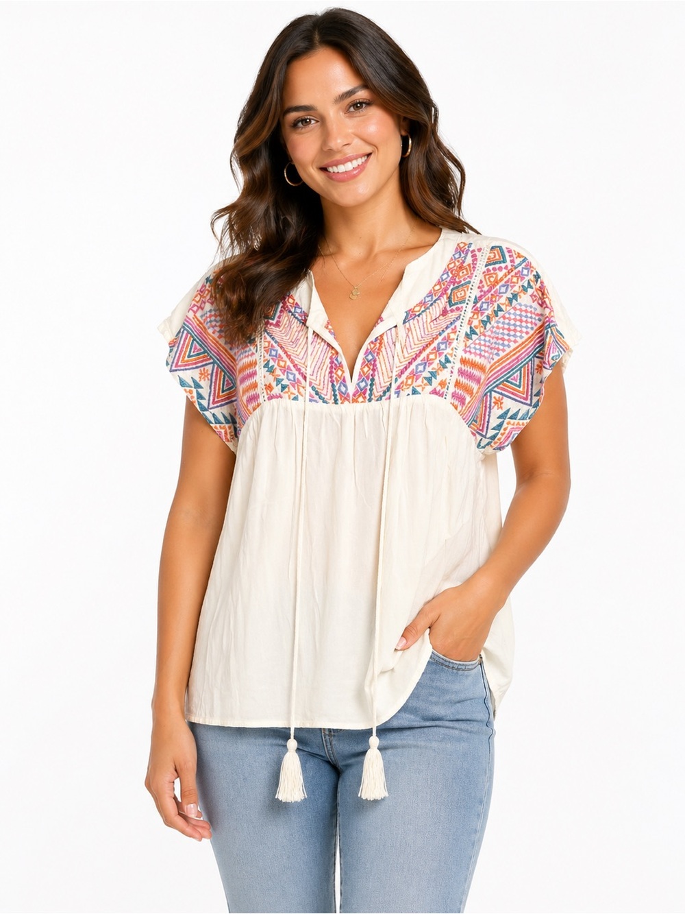Savanna Jane Cream Blouse with Colorful Embroidery